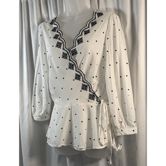 Loft Scalloped Polka Dot Wrap Blouse, White & Black, Sz: M, 80-32 - Picture 3 of 15